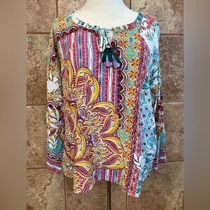 Orientique Naturally Australian Colorful Rayon Boho Tie Front Top Size XL